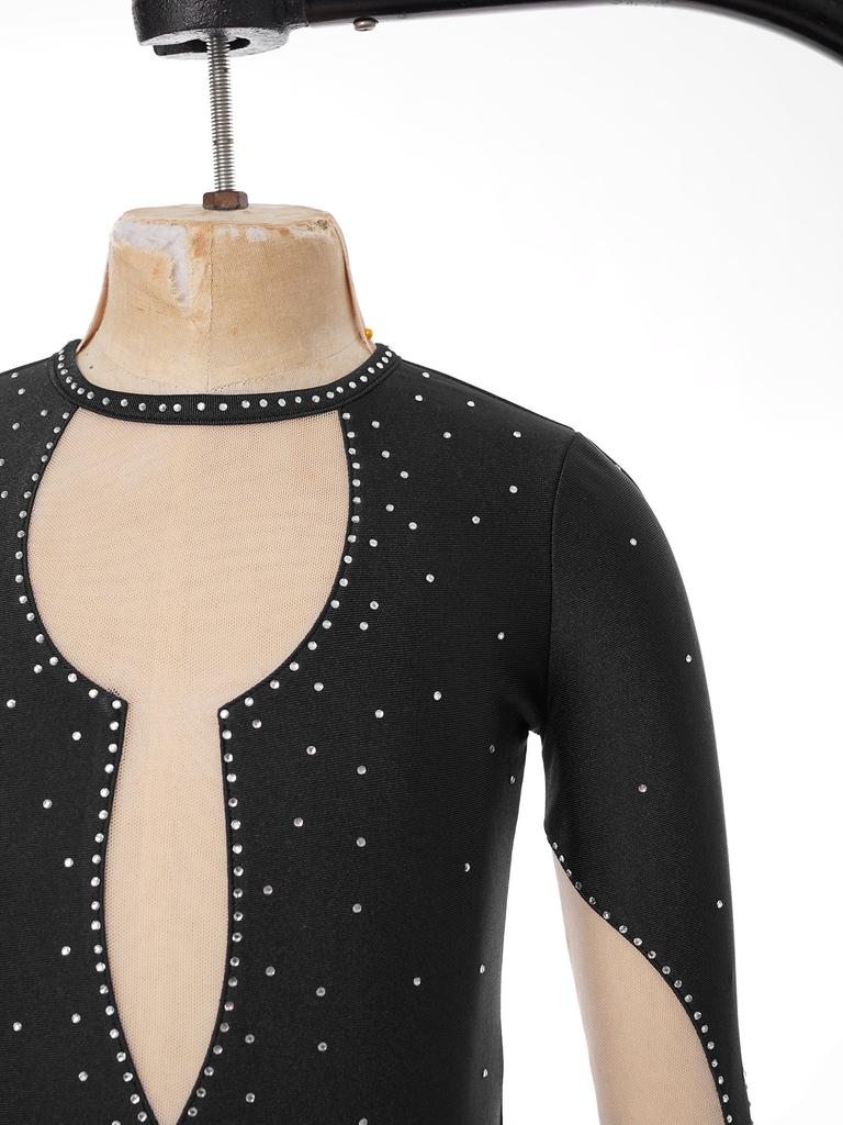 Fete Unitard Gimnastică Lucios Mânecă Lungă Decupaj la Spate Plasă Patchwork Costum de Patinaj pe Gheață