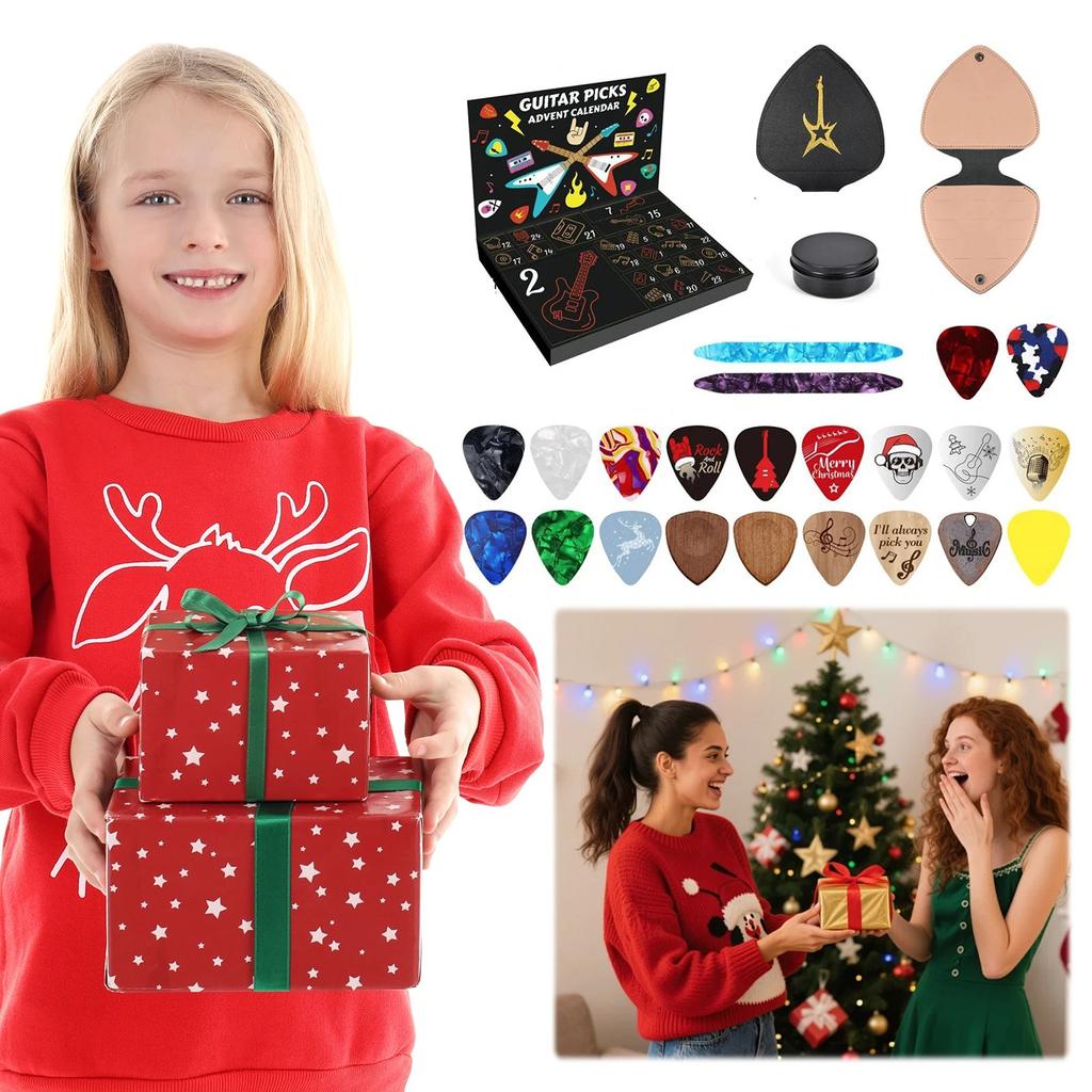 Guitar Picks Countdown Calendar with 20 Guitar Picks & 2 Oud Picks Holder Xmas Advent Calendars for Guitar Bass Ukulele Players