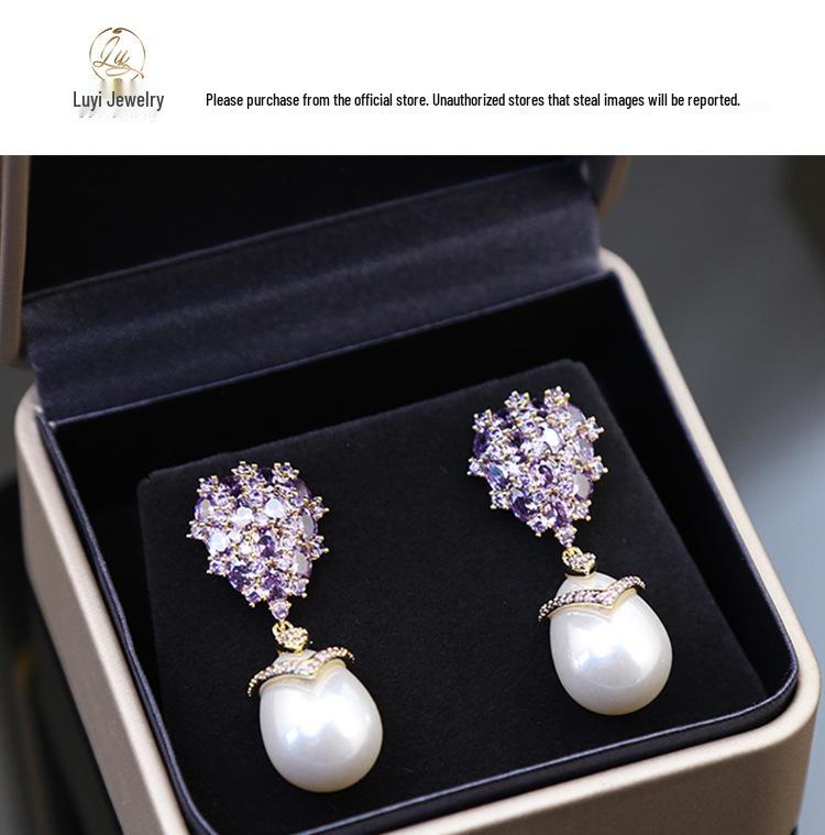 S925 Silver Zircon Teardrop Pearl Earrings - High-End Luxury Retro Design.