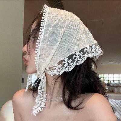 Neu Ins Spitze Haar Schal Floral Print Transparent Kopftuch Hut Retro Dreieck Haar Band Frauen Reise Foto Stirnband Zubehör