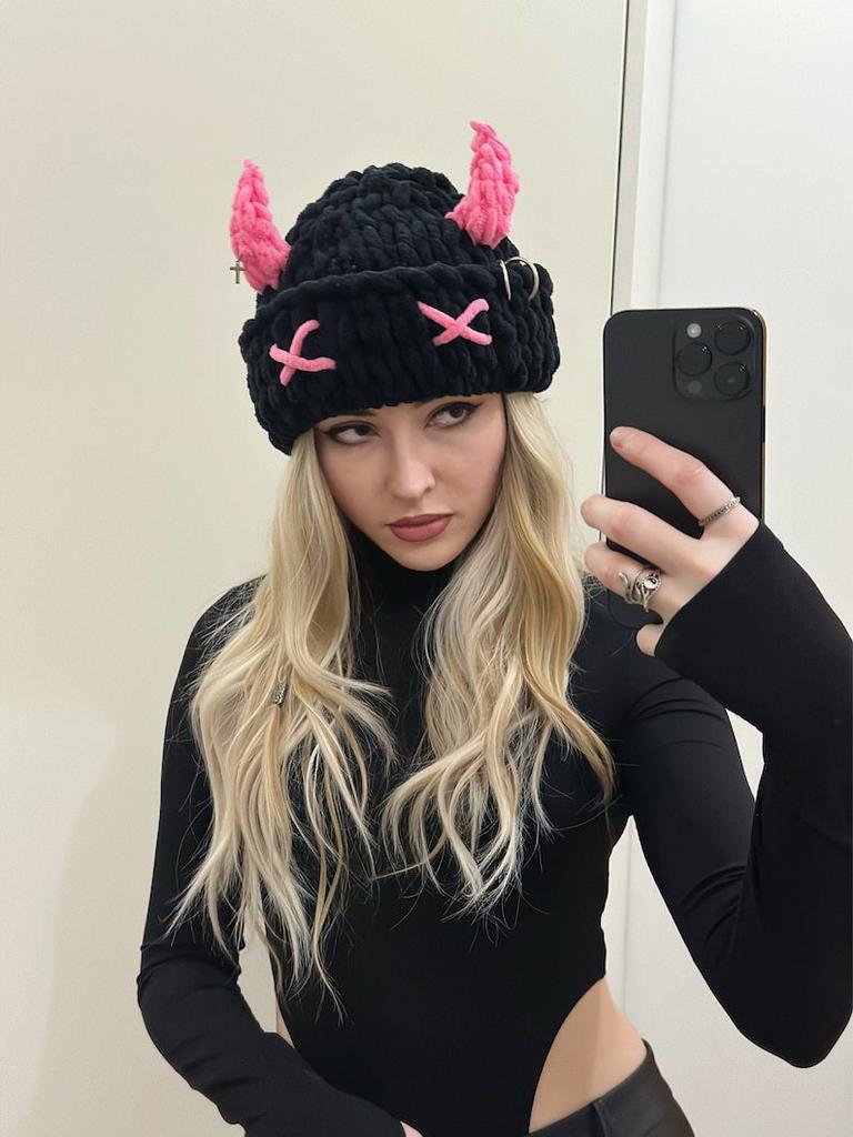New Devil Horn Mask Thickened Fleece Knitted Hat Ice Strip Line Warm Neck Protection Punk Sweet Cool Wind Headgear Winter