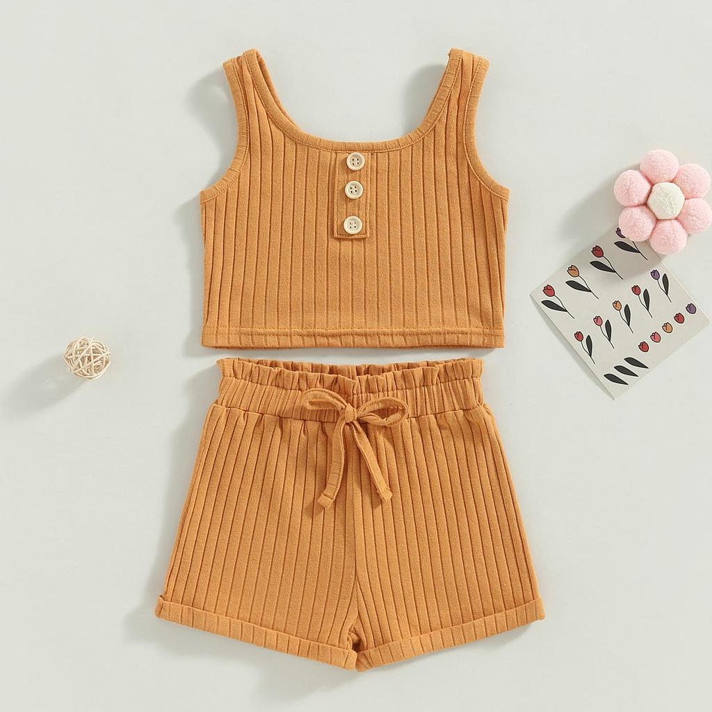 Toddler Girls Summer Clothes Solid Color Button Ribbed Vest Crop Tops Drawstring Shorts Infant Cute Outfit