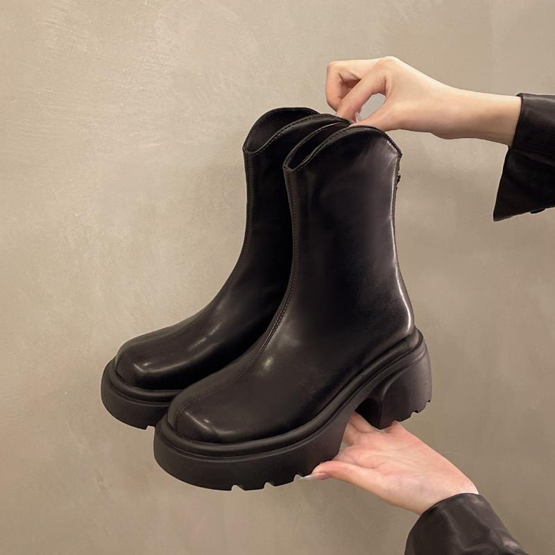 

Модные женские ботильоны из ПУ кожи 2025, массивные на платформе, женские ботинки на толстом каблуке с задней молнией, женские черные панк-ботинки, Botas Mujer 40 чёрный