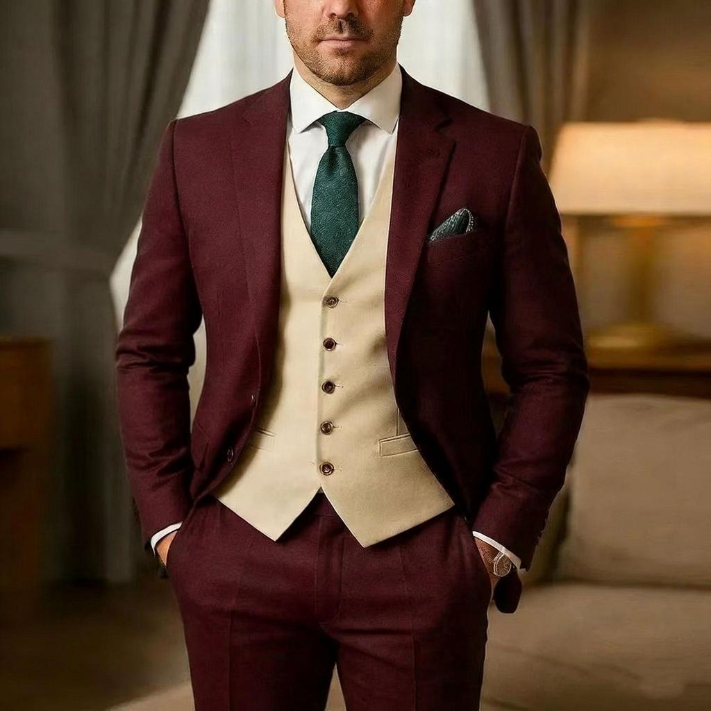 Abito Uomo Formale Verde Scuro e Beige Sposo Testimone Matrimonio Festa Ballo d'Inverno Abiti da Sera Uomo Set 3 Pezzi Blazer Gilet Pantaloni