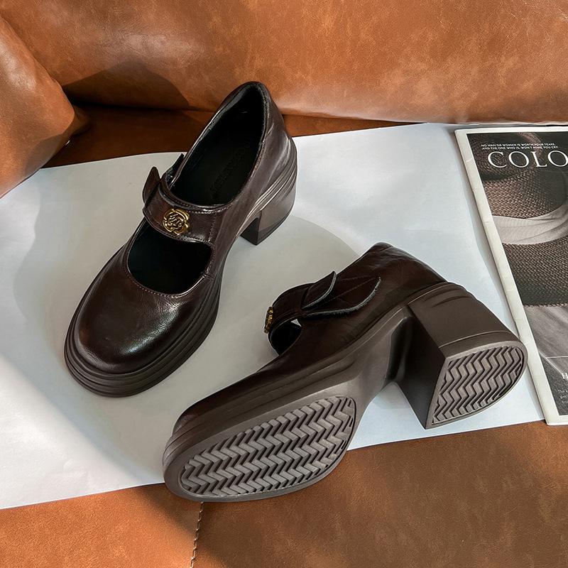 

Туфли Мэри Джейн на скрытой платформе для женщин, на липучке, с мелким вырезом, на толстой подошве, маленькие одинарные туфли для通勤, маленькие кожаные туфли, маленький размер 333 33 коричневый