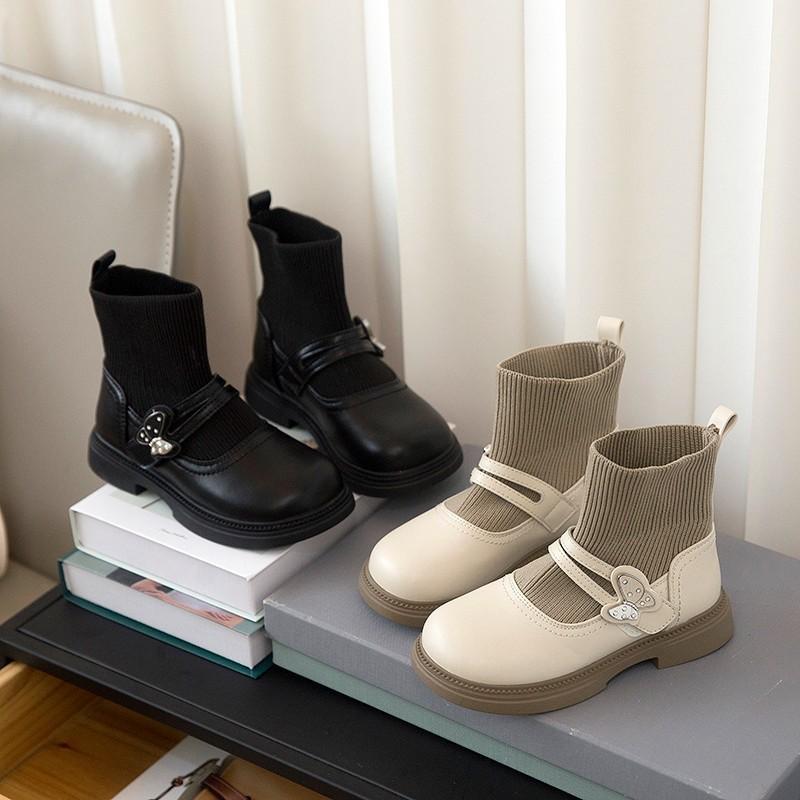 Girls Knitted Boots 2025 Autumn Children's Socks Splicing Small Leather Shoes Catwalk Short Boots Princess Socks Boots Tide