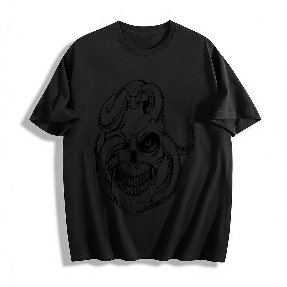 Skull Coiled Snake Graphic Edgy Casual Short Sleeve T-Shirt Pure cotton T-shirt XXS