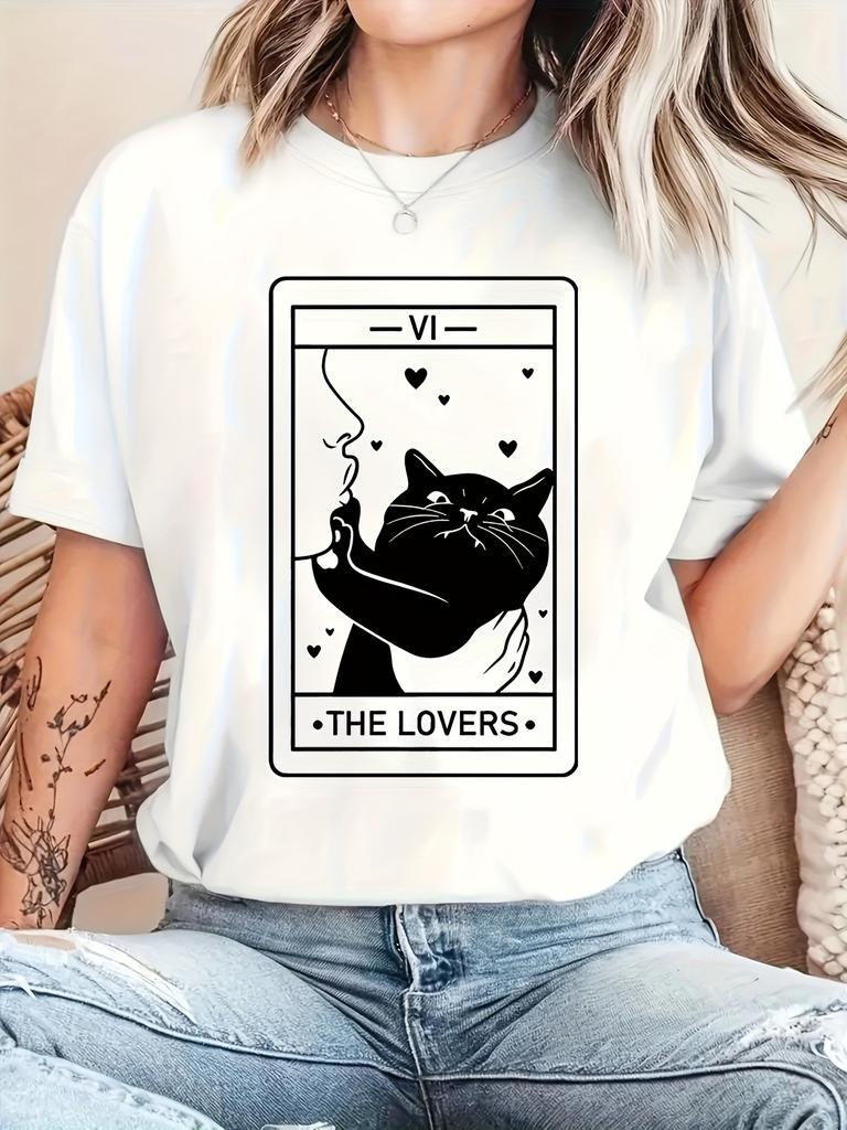 Tarot Inspired Women's Tarot Cat Graphic T-Shirt Crew Neck Short Sleeve Black Cat Lovers Gift Fashion Tee Round Neckline Top