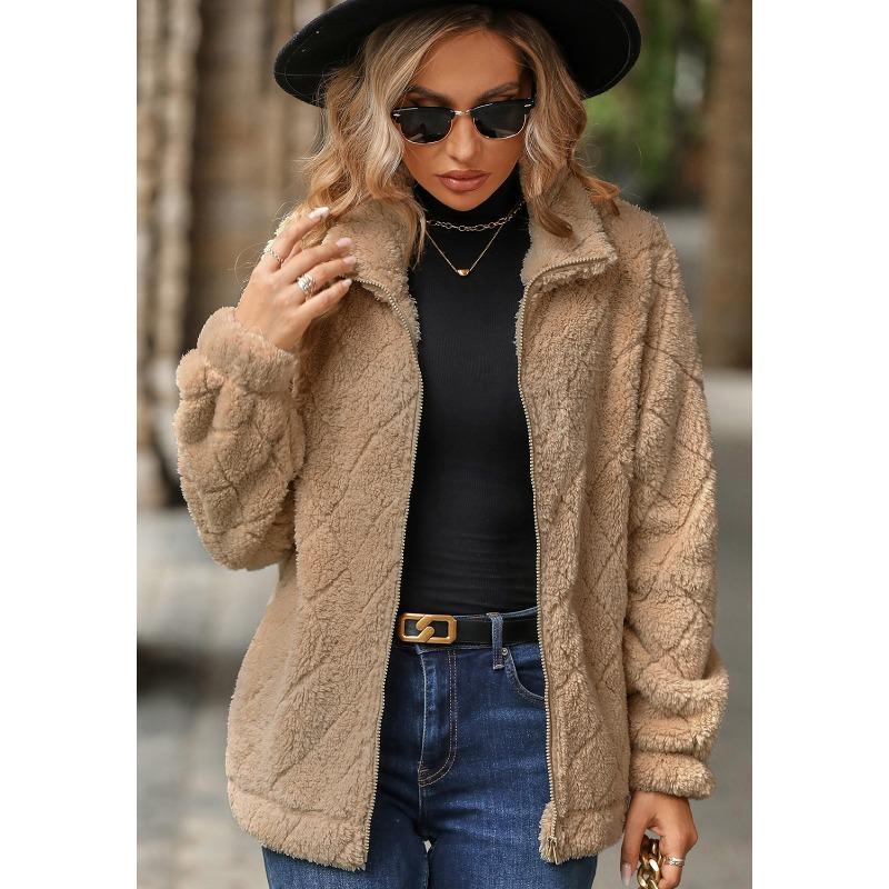 

Жіноче осінньо-зимове пальто з довгим рукавом, плюшева куртка з ромбами і блискавкою XXL хакі