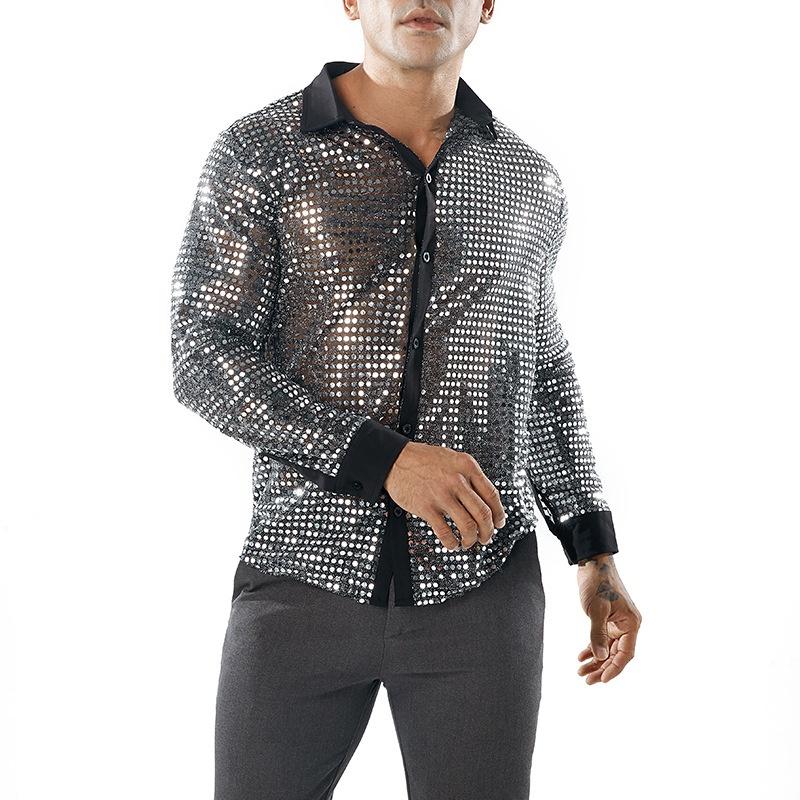 Caxndycing, camicia da uomo in rete trasparente con scollo a V, top nero sexy, maglietta in mesh, camicia in rete, sottocamicia sexy a maniche corte trasparente, blusa per club, individualità, top