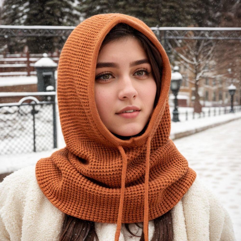 Drawstring Closure Neck Warmer Hat Thick Knit Winter Pullover Hat  For Women Man