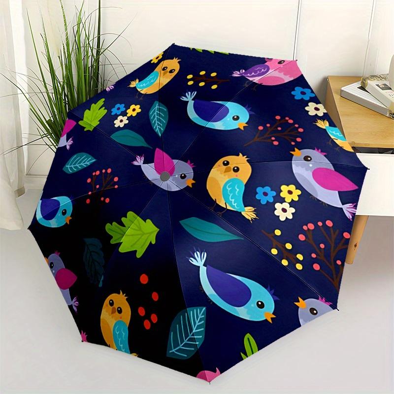 1pc Colorful Birds Pattern Automatic Folding Umbrella - 8-Rib Iron Frame, Windproof, Portable Sunshade with Plastic Handle for Travel & Outd