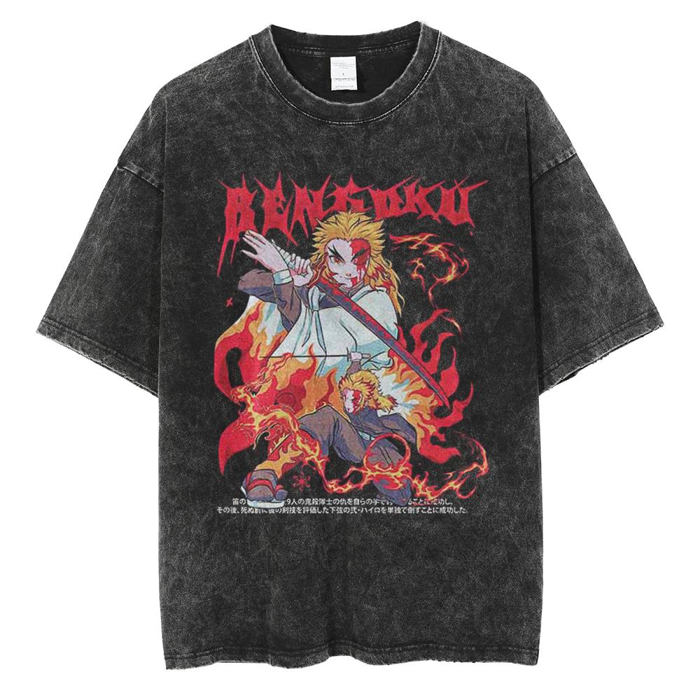 Anime Demon Slayer Rengoku Kyoujurou Print T Shirt Men Women Washed Cotton Tshirts Manga Tee Harajuku Male Casual Loose T-shirt