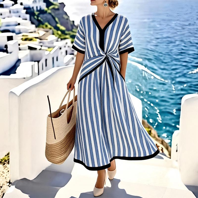 Women's spring new, European and American dresses, elegant temperament lace-up V-neck dresses