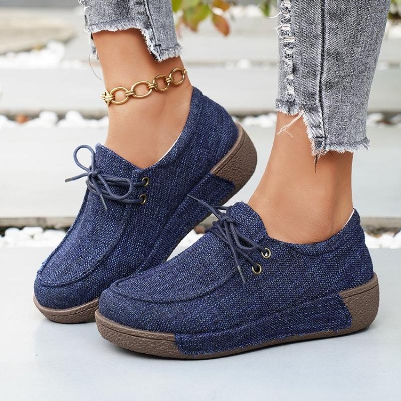 Women Plus Size Canvas Platform Loafers Winter European American Style Lace Up Casual Rocker Shoes