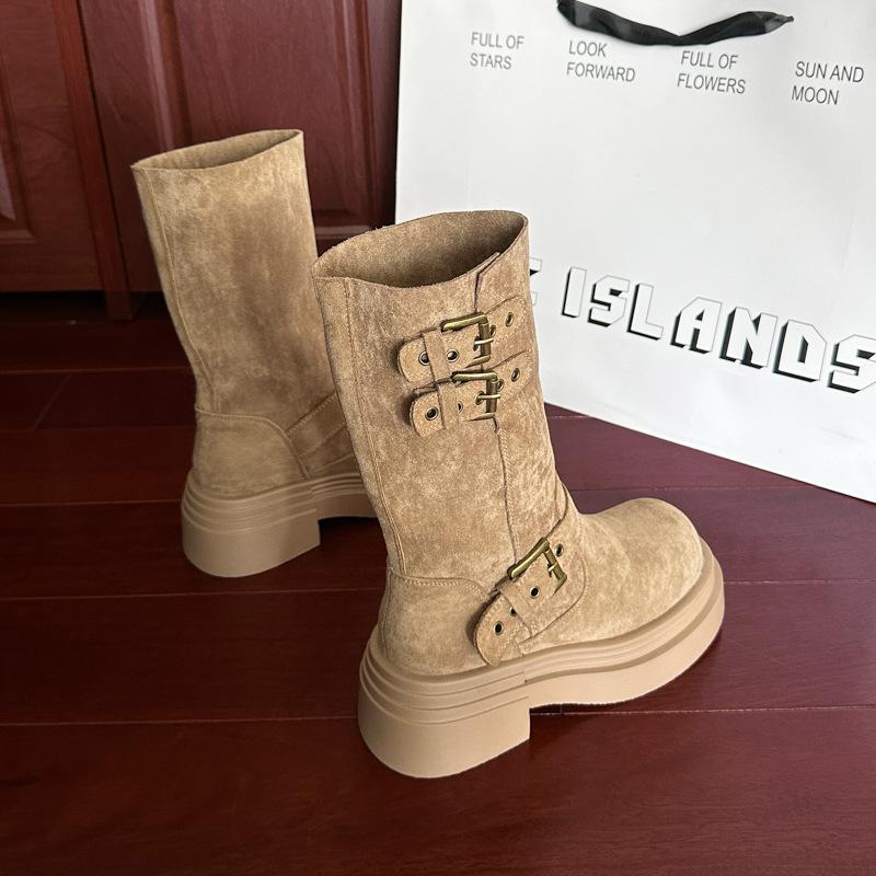 Adjustable Boot Belt Buckle Cowhide Martin Boots 2025 Autumn and Winter Thick Medium Heel Round Head Wide Tube Genuine Leather Medium Boots Children