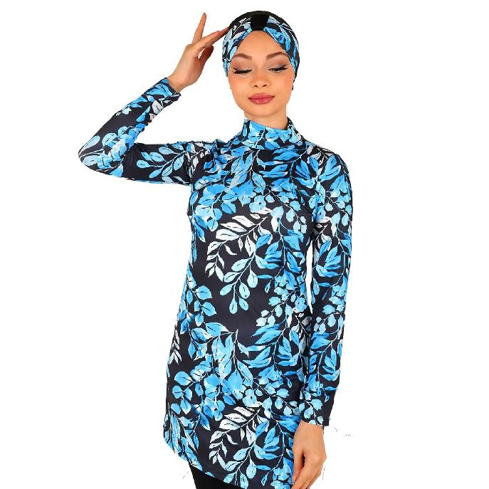 Blue Set Muslim Women Decent Branches Floral Print Seaside Swimwear Full Coverage Swimsuit Beachwear Burkini Swimsuit Set (Without Hijab)