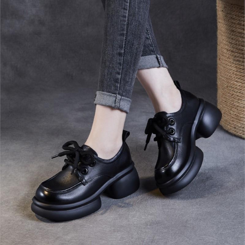 Johnature British Style Women's Platform Shoes Genuin Leather Casual Versatile Lace Up Commuting Shoes