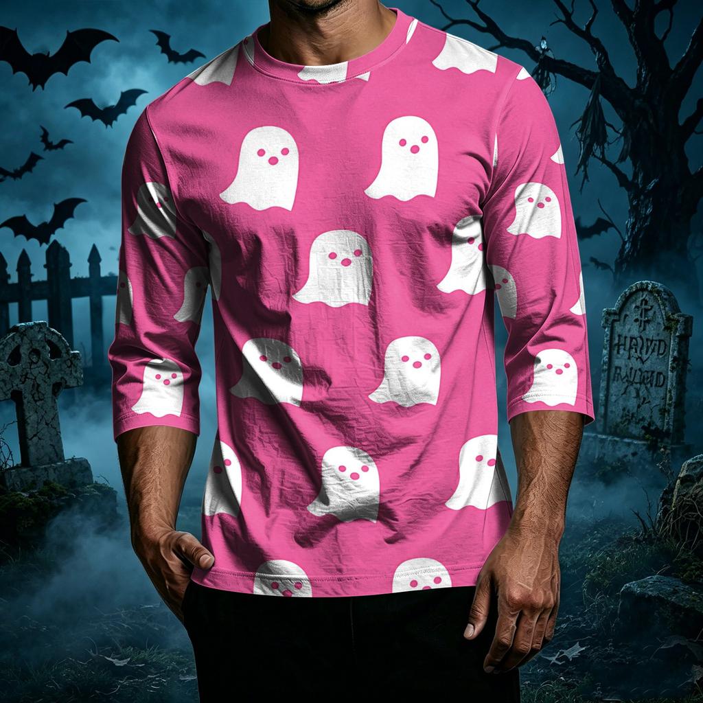 Men Casual Halloween Print Raglan Sleeve T Shirt Crew Neck Three Quarter Sleeve Top Lightweight Comfortable Fit