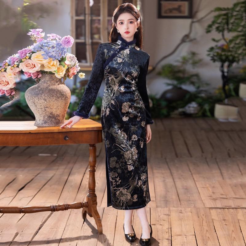 Long Sleeve Winter Kimono-Style Dress With Fleece Lining Stand Collar Zipper Closure Korean Velvet Blend Plus Size