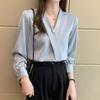 New Spring and Autumn Elegant Pearl Decorated Silk Satin High-End V-Neck Chiffon Blouse for Women