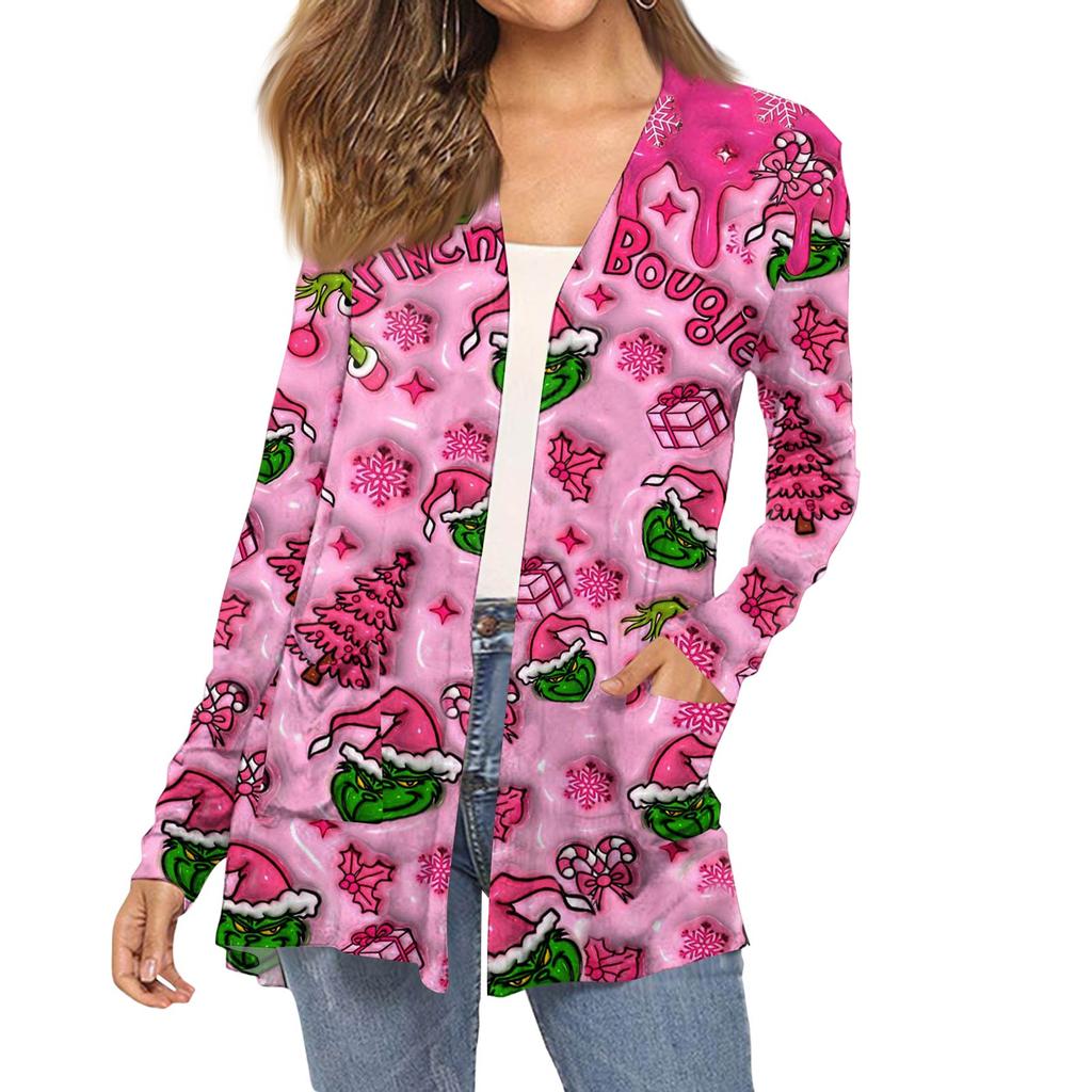Women's Fashion Christmas Print Long-Sleeved Pocketed Slim-Fit Cardigan Coat