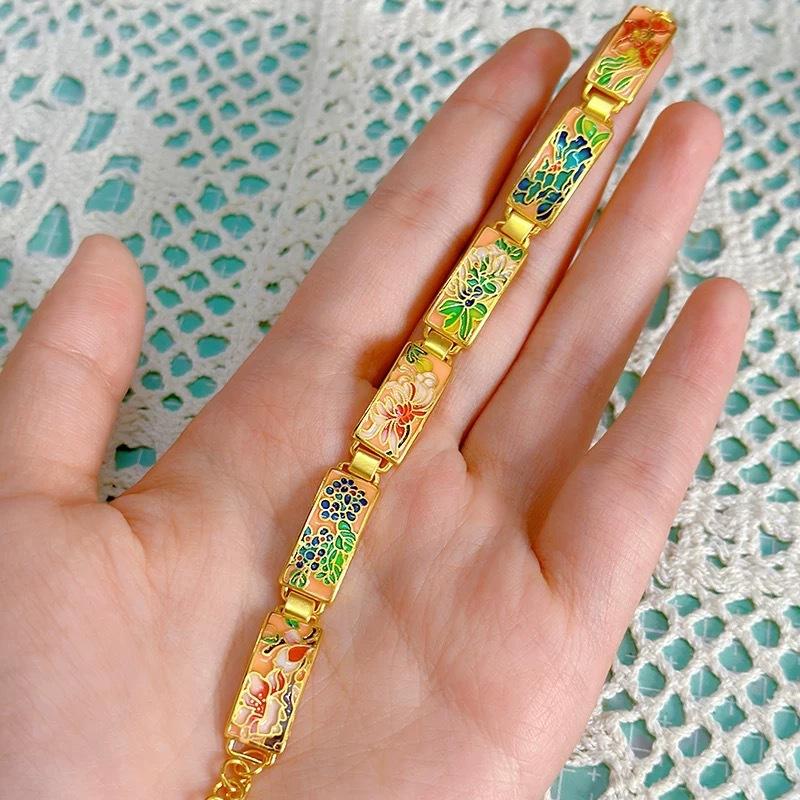 Real Gold Ancient Enameled Flower Bracelet Retro Temperament National Trend Women's Bracelet Hand Jewelry