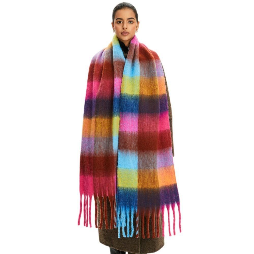 Long Plaid Wool Scarf Mohair Women Cape Elegant Rainbow Tassel Shawl Student