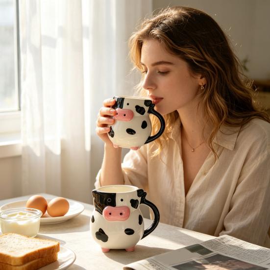 Tazze da Caffè da Ufficio con Manico, Tazza in Ceramica Mucca 3D, Capacità 580ml, Tazze Mattutine Carine, Tazza Animale, Decorazione da Scrivania Originale per Casa E