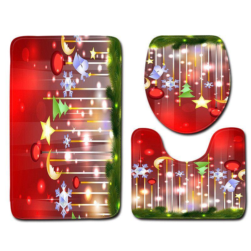 4pcs Shower Christmas Curtain Toilet Cushion Set Cover Mat Pad Rug Xmas Bathroom