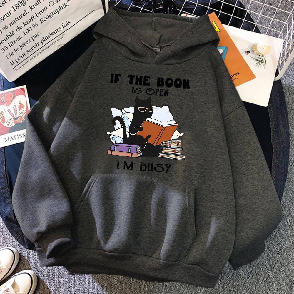 If The Book Is Open I'm Busy Black Cat Hoody Women Casual Crewneck Hoodies Fashion Loose Clothes Fleece Pullover Sweatshirt