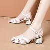Korean Version of One-line Buckle High Heels Women's Chunky Toe Sandals Comfortable Hollow-out Mid-heel Mother Shoes