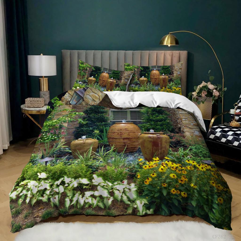3D Digital Printing Oil Painting Scenery Quilt Cover Three-Piece Bedding