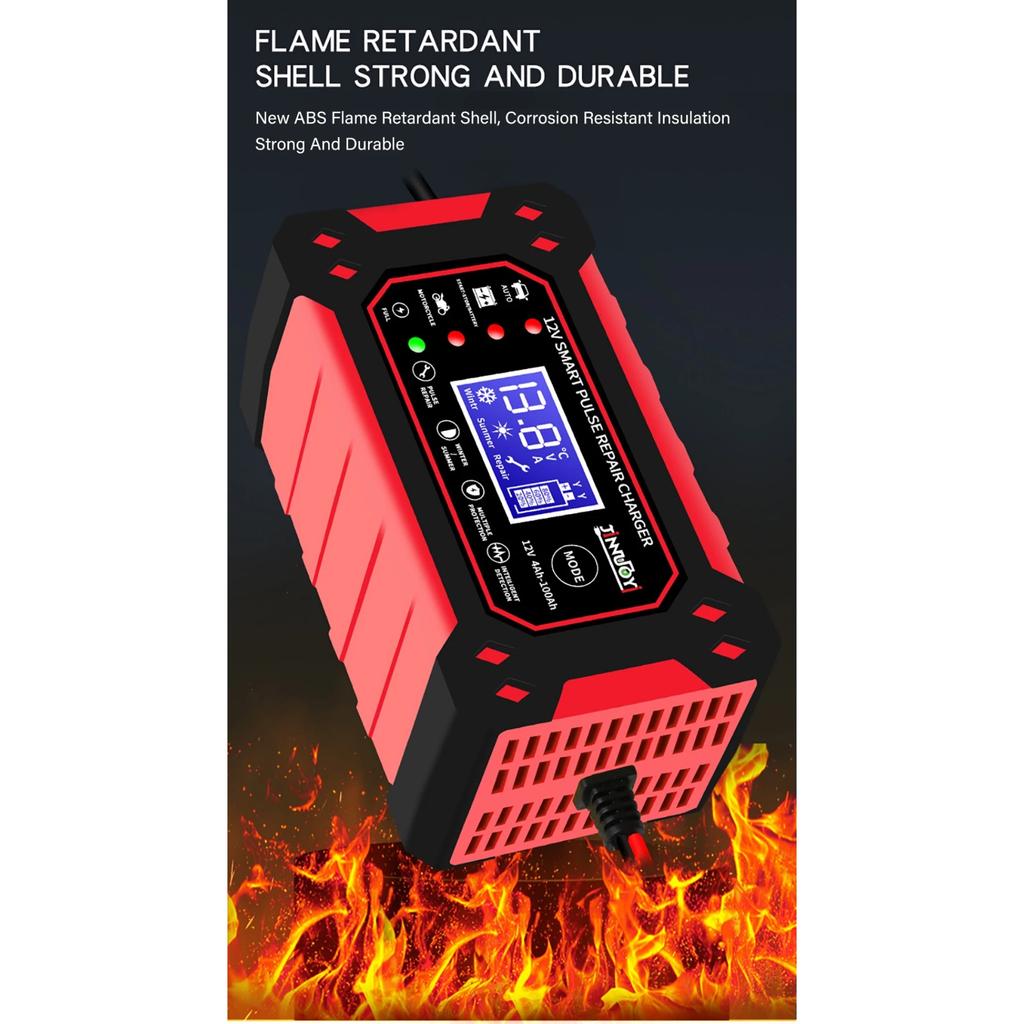 6A 12V Car Battery Charger Pulse Repair LCD Display Smart Fast Charge AGM Deep Cycle GEL Lead-Acid Charger for Auto Motorcycle