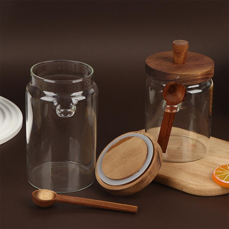 Glass Containers Food Storage Jars With Wooden Lids And Scoop Glass Sealed Jar Airtight Jar For Sugar Coffee Bean Candy