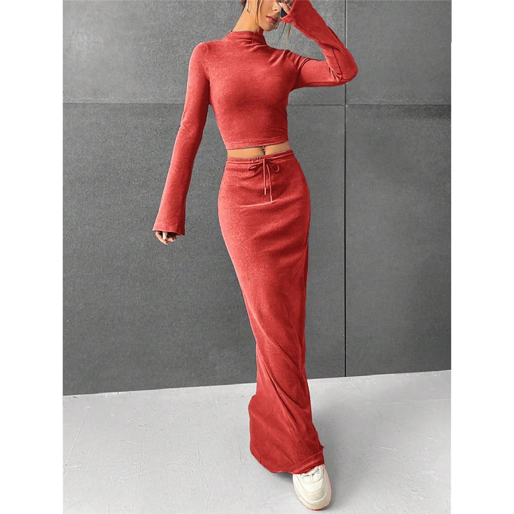 Women's skirt set solid color long sleeve round neck T-shirt long skirt two-piece set