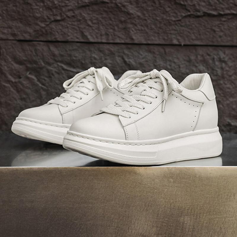 Fashion New Men's Designer White Genuine Leather Invisible Platform Height Increasing Shoes Male Causal Flats Moccasins Walking Sneakers