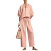 Women's Pink Short Sleeve V-Neck Zipper Front Drawstring Waist Wide Leg Pants Set