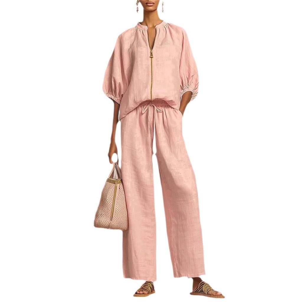 Women's Pink Short Sleeve V-Neck Zipper Front Drawstring Waist Wide Leg Pants Set