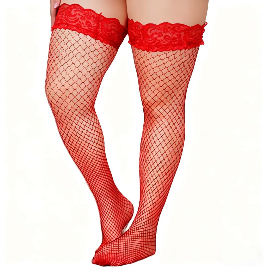 Plus Size Women's Lace Top Mesh Thigh High Sheer Stockings Anti Skid Silicone Fishnet Long Socks Over Knee Stocking Sexy Pantyhose