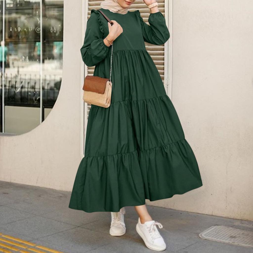 Women's Casual Long Sleeve Round Neck Color Dress Long Dress Robe
