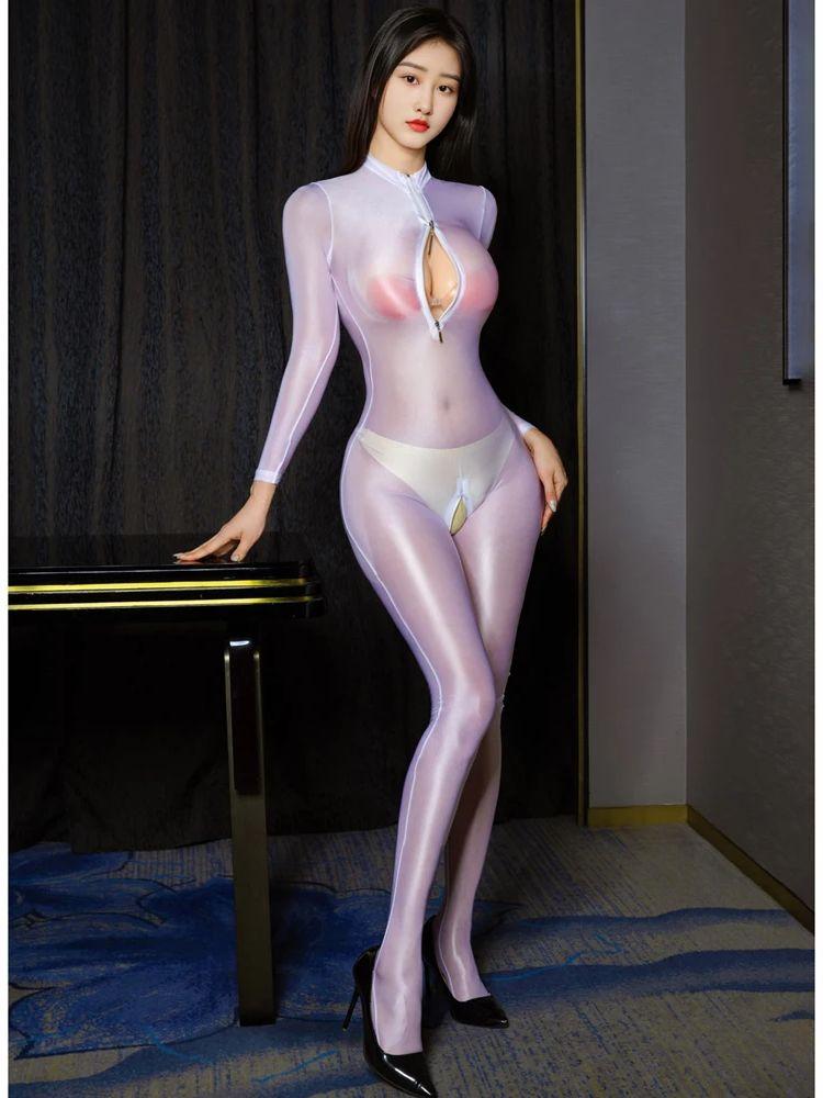M Xl Glossy Shiny Nylon Bodystocking Catsuit Zipper Bust Open Crotch Bodysuit Tights Leotard Conjoined Jumpsuit Unitard Lingerie