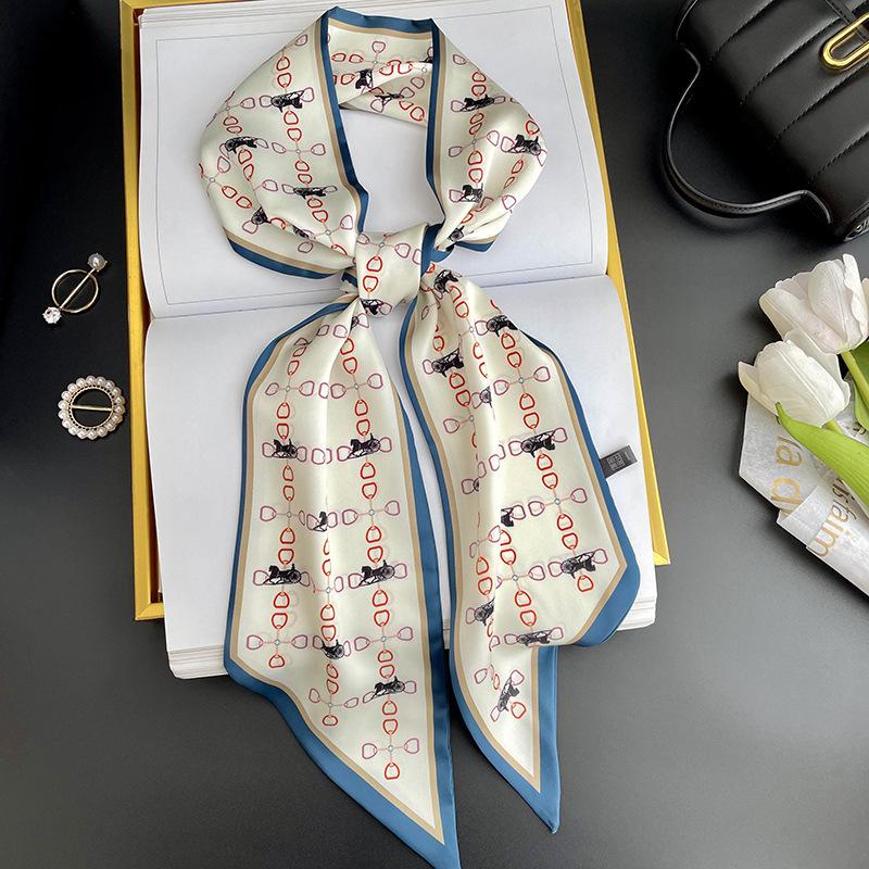 Simulated silk scarf, high-end women's headband, decorative scarf, streamer, fresh color matching, rhombus small scarf, headband.