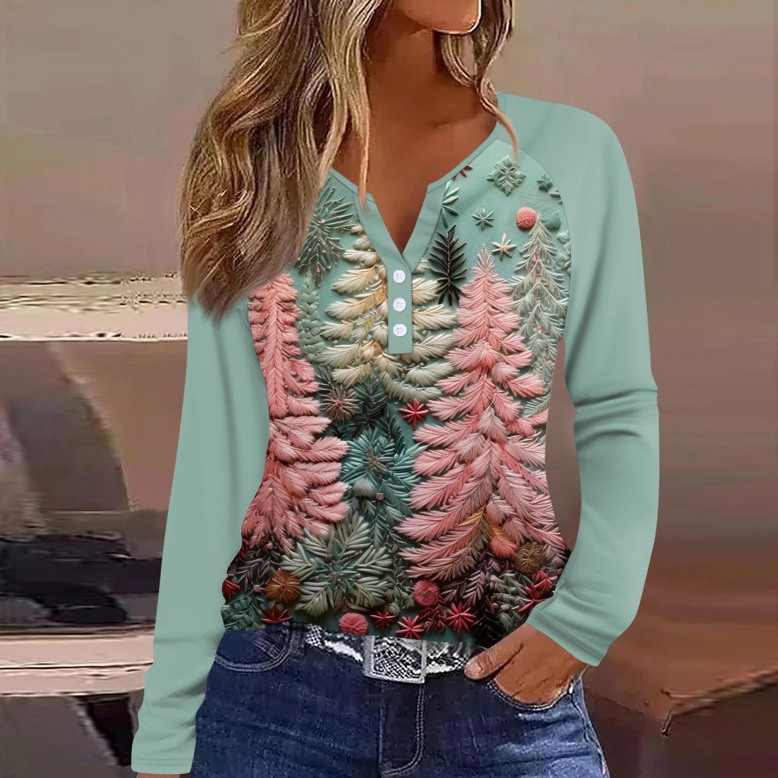 

Женская мода повседневная рождественская печать V-образный вырез рукава реглан с декоративными пуговицами длинный рукав футболка топ M розовый