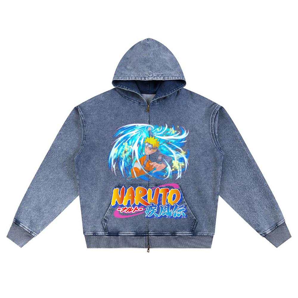 DTG Print Knitted Denim Zip-Up Hoodie Copy of Naruto Rasengan Brother Print Zipper Hoodies  