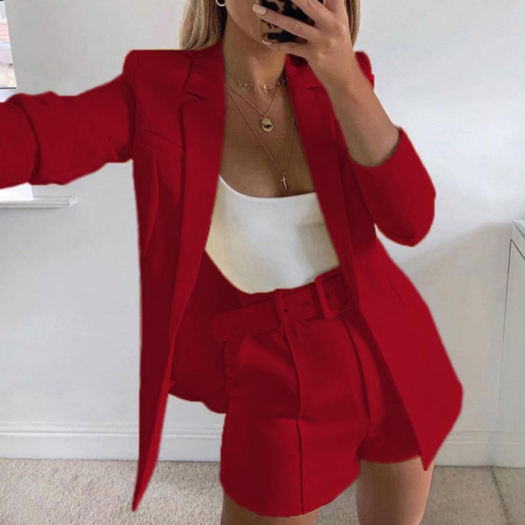 Women's Slim Fit Two Piece Suit Lapel Long Sleeve Blazer High Waist Belted Short Co-ord Outfit Set