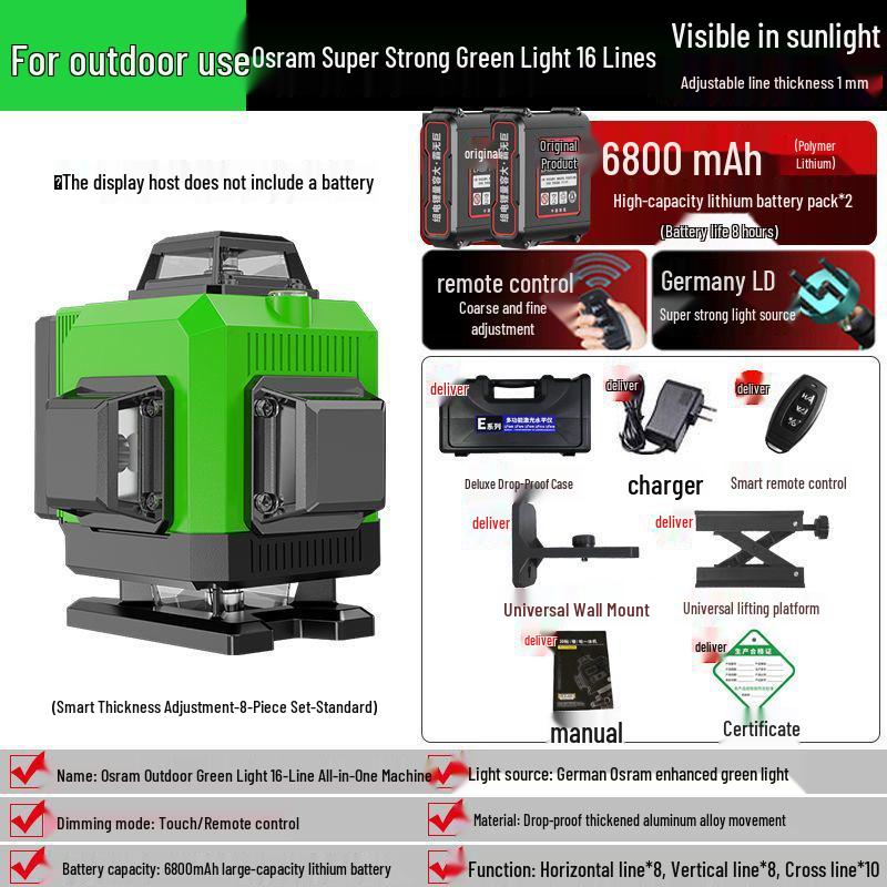 16-Line High-Precision Integrated Laser Level with Infrared & Green Light for Wall & Floor