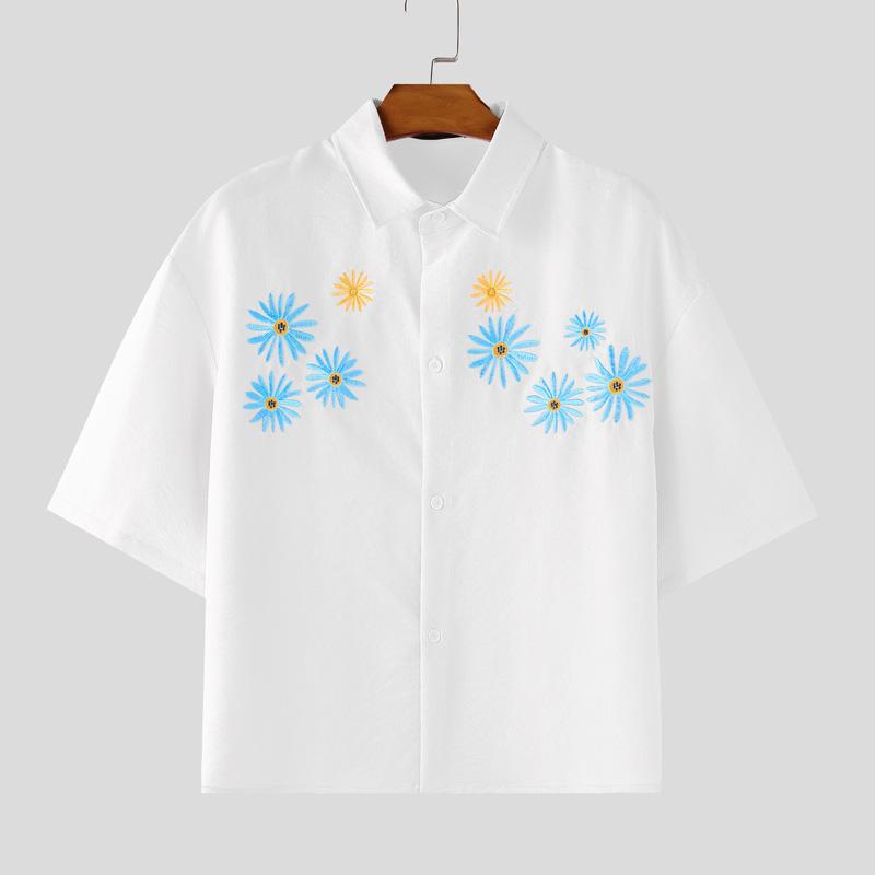 

INCERUN Men Summer Lapel Neck Short Sleeve Embroidery Casual Hawaiian Short Shirts 2XL белый