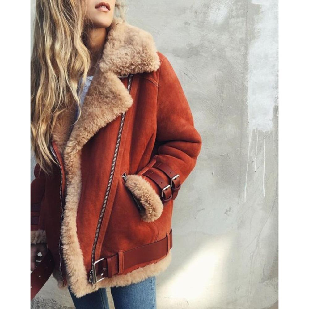 Giacca da Donna con Collo a Revers Manica Lunga Vestibilità Slim in Ecopelle Scamosciata con Fodera in Agnello Cappotto Stile Moto