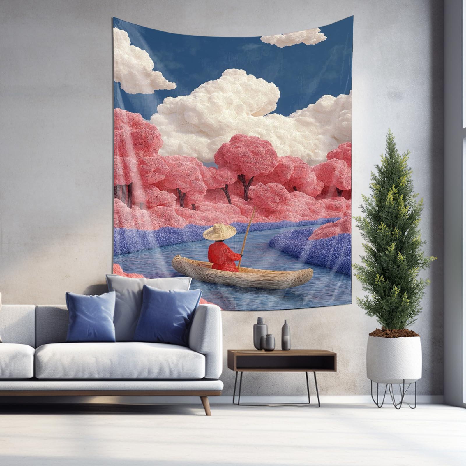 

Japanese Style Hanging Cloth Decorative Painting Dreamy Cherry Blossom Tree and Tranquil River Tapestry 74x94cm(29x37in)